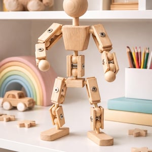 Può includere: Una figura articolata in legno con giunture mobili e testa arrotondata è su una superficie bianca. La figura è circondata da giocattoli per bambini, tra cui un arco arcobaleno, un'auto e un orsacchiotto. La figura è in legno chiaro.