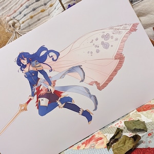 May include: A digital illustration of a female character with blue hair, wearing a blue and red outfit, holding a sword, and wearing a pink and blue cape. The character is flying in the air.