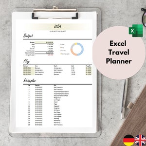 Planejador de viagens | Modelo digital do Excel | Planejamento orçamentário | Listas: Hotéis, Voos, Passeios, Transferes | Inglês Alemão