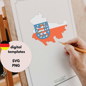 May include: A white and red outline of a German state with a blue and white coat of arms in the center. The coat of arms features a lion with a crown. The image is on a white background with the words "digital templates" and "SVG PNG" in a circle.