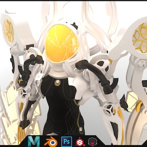 May include: A 3D-rendered figure with a white and gold color scheme. The figure has a large, yellow, spherical head and is wearing a black and white outfit. The figure has large, ornate wings and mechanical arms. The word "CRUCIBLE" is at the bottom.