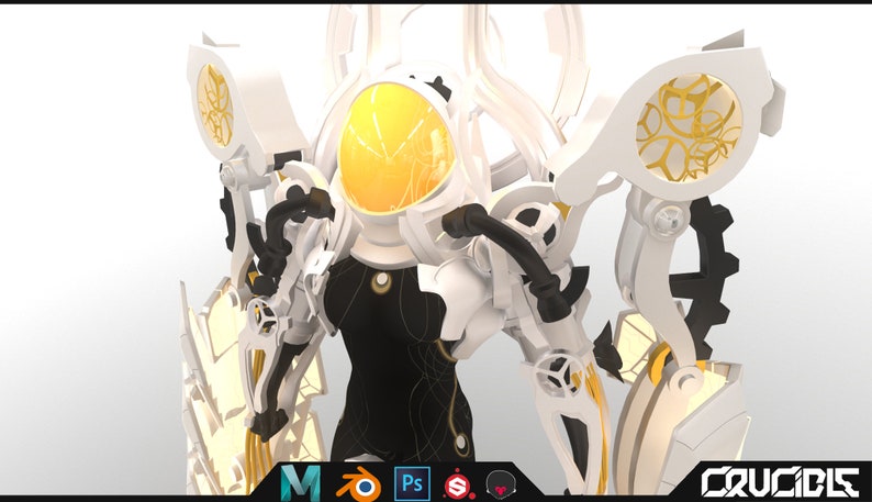 May include: A 3D-rendered figure with a white and gold color scheme. The figure has a large, yellow, spherical head and is wearing a black and white outfit. The figure has large, ornate wings and mechanical arms. The word "CRUCIBLE" is at the bottom.