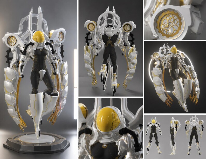 May include: A detailed figurine of a futuristic character in a black and white suit with a yellow helmet. The figure has elaborate white and gold accents, including wings and circular designs. It stands on a circular base.