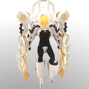 May include: A futuristic, white and black robotic figure with gold accents and a yellow helmet. The figure has large, wing-like structures on its back and is set against a plain background. The design suggests a science fiction or fantasy theme.