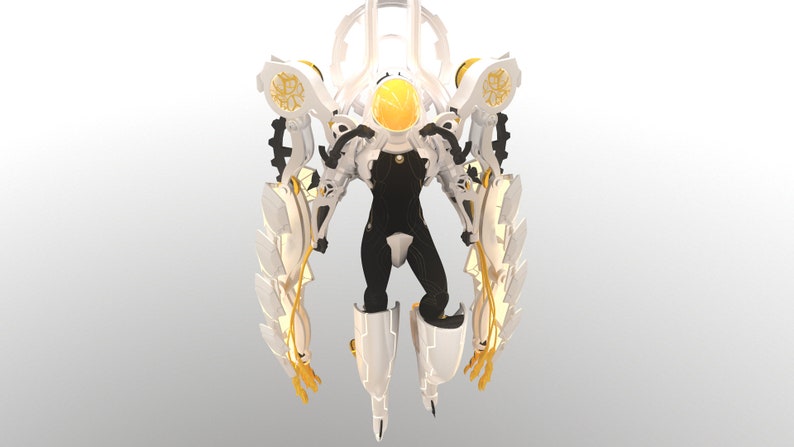 May include: A futuristic, white and black robotic figure with gold accents and a yellow helmet. The figure has large, wing-like structures on its back and is set against a plain background. The design suggests a science fiction or fantasy theme.