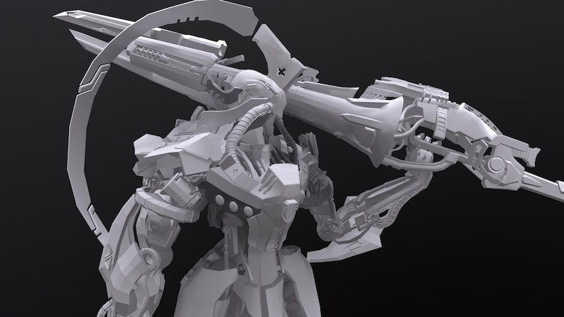 May include: A gray, futuristic robot with a large weapon mounted on its back. The robot has a detailed, angular design with multiple mechanical components and a curved blade-like structure. The image is a 3D render.