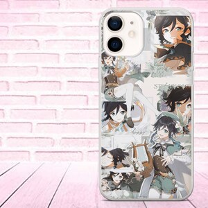 May include: A clear phone case with a collage of images featuring a cartoon character with green hair. The character is depicted in various poses and settings, including playing a harp, holding a flower, and standing in a forest. The case has a white background and the text "happy" and "ready for new adventures" is visible.