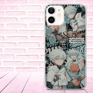 May include: A white phone case with a collage of images featuring a blue-haired anime character. The case has a black and white background with text that reads "I am D'ken! I am Supreme!" and "Robot Overlords".