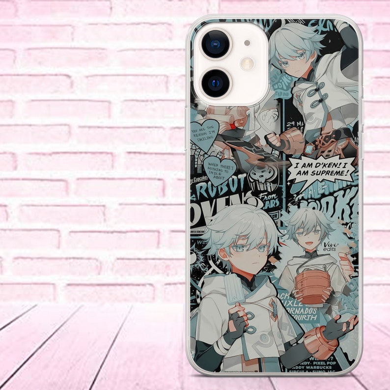 May include: A white phone case with a collage of images featuring a blue-haired anime character. The case has a black and white background with text that reads "I am D'ken! I am Supreme!" and "Robot Overlords".