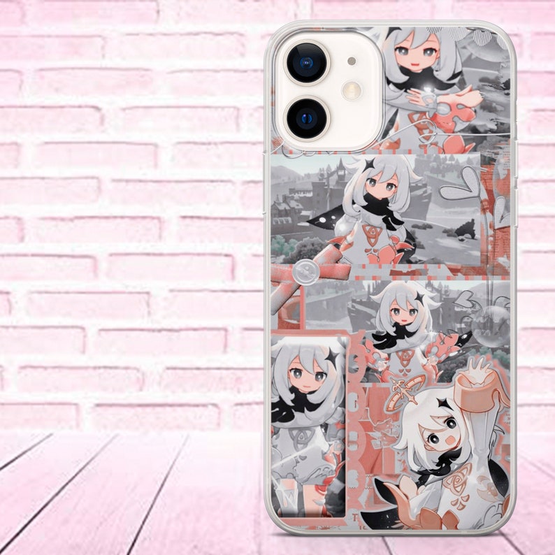 May include: A clear phone case with a collage of images of a cartoon character with white hair and a pink and white outfit. The character is in different poses and settings. The phone case is designed for an iPhone.