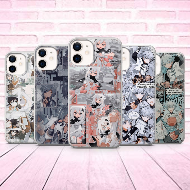 May include: Five different phone cases with a collage of anime characters and text. The cases are clear and show the phone's camera lens. The text on the cases includes "I am even if I am supreme", "It's easy to lose yourself, I know", and "Sarcastic never".
