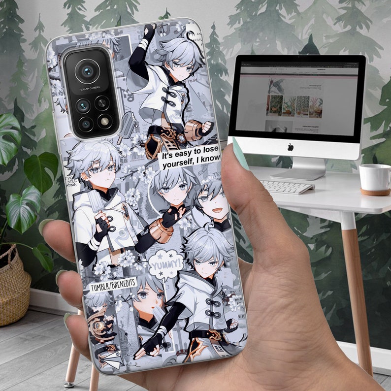 May include: A clear phone case with a collage of images of a white-haired anime character. The case features a gray and white color scheme with a black camera lens. The text "It's easy to lose yourself, I know" is visible on the case.