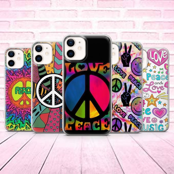 Coque esthétique hippie Peace And Love pour iPhone 11,12,13,14 8+, XS, XR, Samsung S10 Lite, Note 10, S21, S22 A50, A51