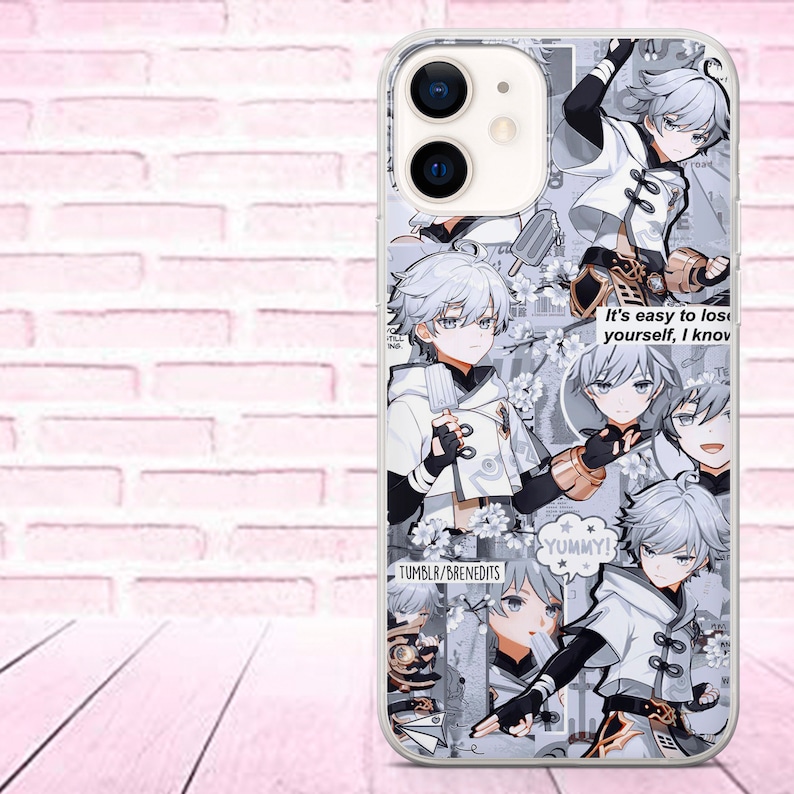 May include: A white phone case with a collage of images of a young man with white hair. The images are in a variety of poses and expressions. The text "It's easy to lose yourself, I know" and "YUMMY!" are also included in the collage.