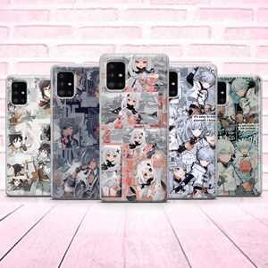 May include: Five clear phone cases with different designs featuring anime characters. The designs include a collage of images with text, a character with pink and white clothing, and a character with white and blue clothing.
