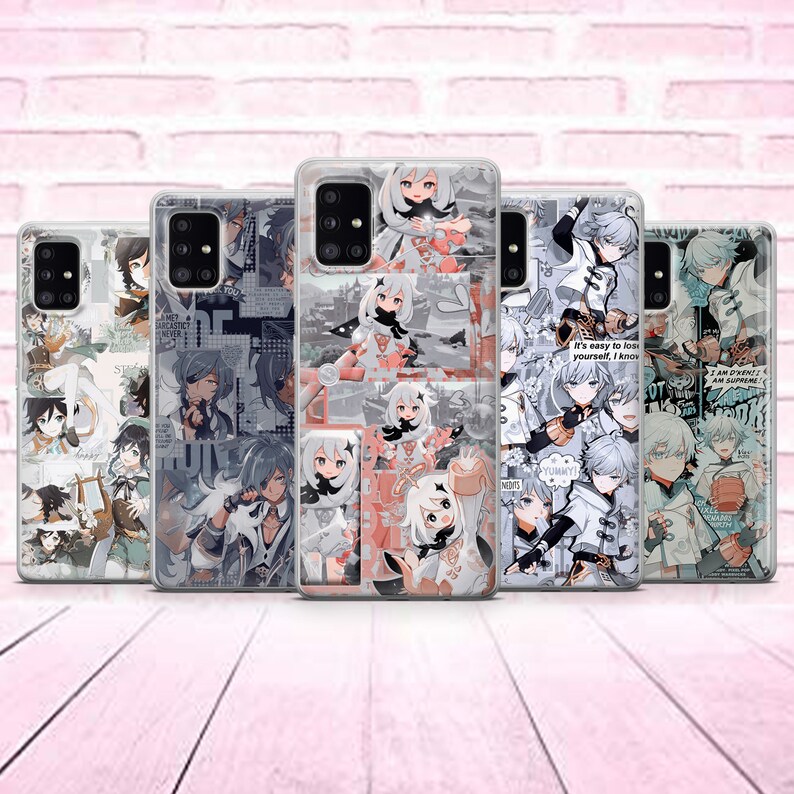 May include: Five clear phone cases with different designs featuring anime characters. The designs include a collage of images with text, a character with pink and white clothing, and a character with white and blue clothing.