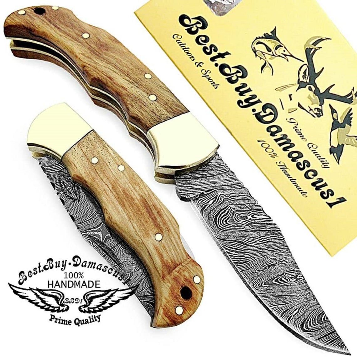 Olive Wood 6.5'' Pocket knife Damascus Steel Etsy