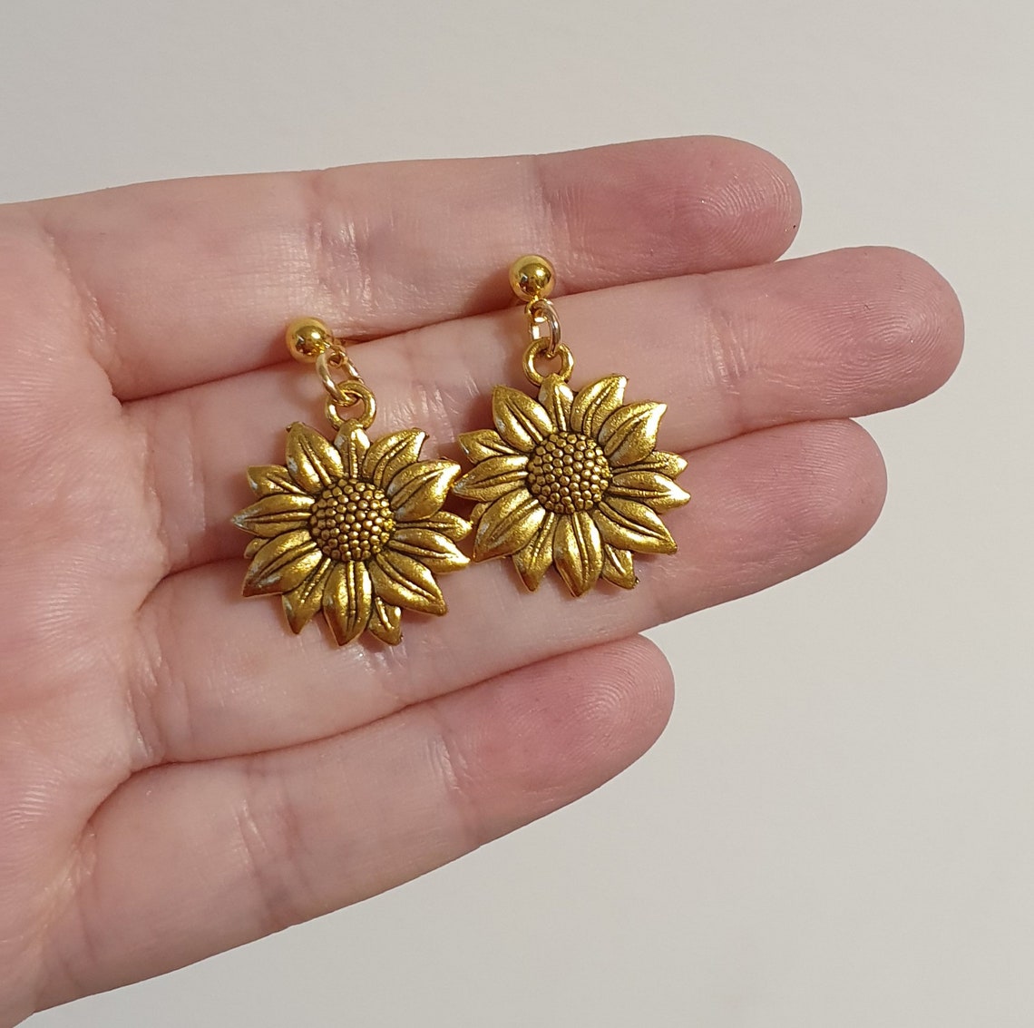 Golden Sunflower Drop Earrings Etsy