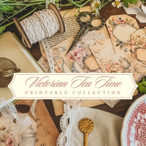 Cancelleria vintage stampabile per l'ora del tè: etichette, cartellini, ghirlande per torte e toppers - Victorian Tea Time, Cottagecore, Indoora World (DIGITALE)