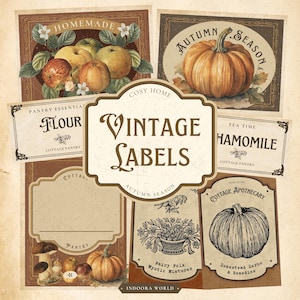 Könnte beinhalten: Vintage-Etiketten mit Herbstmotiven. Die Etiketten zeigen Bilder von Kürbissen, Äpfeln und Blumen. Der Text auf den Etiketten lautet "Homemade", "Autumn Season", "Pantry Essentials", "Flour", "Tea Time", "Chamomile", "Cottage Apothecary", "Fairy Folk Mystic Mixtures" und "Honestend Herbs & Remedies".