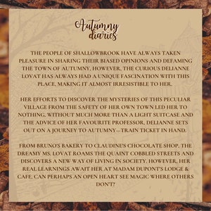 Puede incluir: Una imagen de texto con un fondo marr&oacute;n y texto blanco. El texto dice "Autumny diaries" y describe a un personaje ficticio llamado Delianne Lovat que viaja a la ciudad de Autumny. El texto describe su viaje desde la panader&iacute;a de Bruno hasta la tienda de chocolate de Claudine, y sus experiencias en la ciudad.