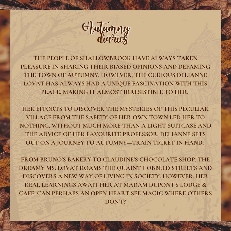 Puede incluir: Una imagen de texto con un fondo marr&oacute;n y texto blanco. El texto dice "Autumny diaries" y describe a un personaje ficticio llamado Delianne Lovat que viaja a la ciudad de Autumny. El texto describe su viaje desde la panader&iacute;a de Bruno hasta la tienda de chocolate de Claudine, y sus experiencias en la ciudad.