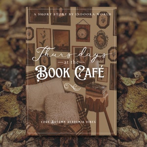 Puede incluir: Una ilustraci&oacute;n de una cafeter&iacute;a-librer&iacute;a con el texto "Thursdays at the Book Cafe" y la leyenda "Cozy Autumn Academia Vibes". La imagen presenta un sill&oacute;n c&oacute;modo con un coj&iacute;n, una mesa de madera con libros y un reloj en la pared.