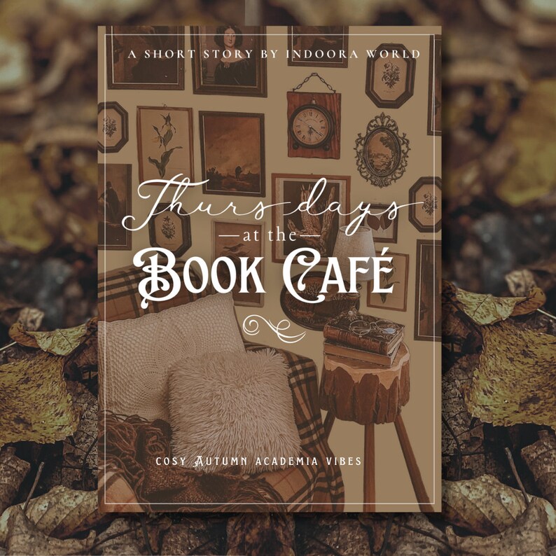 Puede incluir: Una ilustraci&oacute;n de una cafeter&iacute;a-librer&iacute;a con el texto "Thursdays at the Book Cafe" y la leyenda "Cozy Autumn Academia Vibes". La imagen presenta un sill&oacute;n c&oacute;modo con un coj&iacute;n, una mesa de madera con libros y un reloj en la pared.