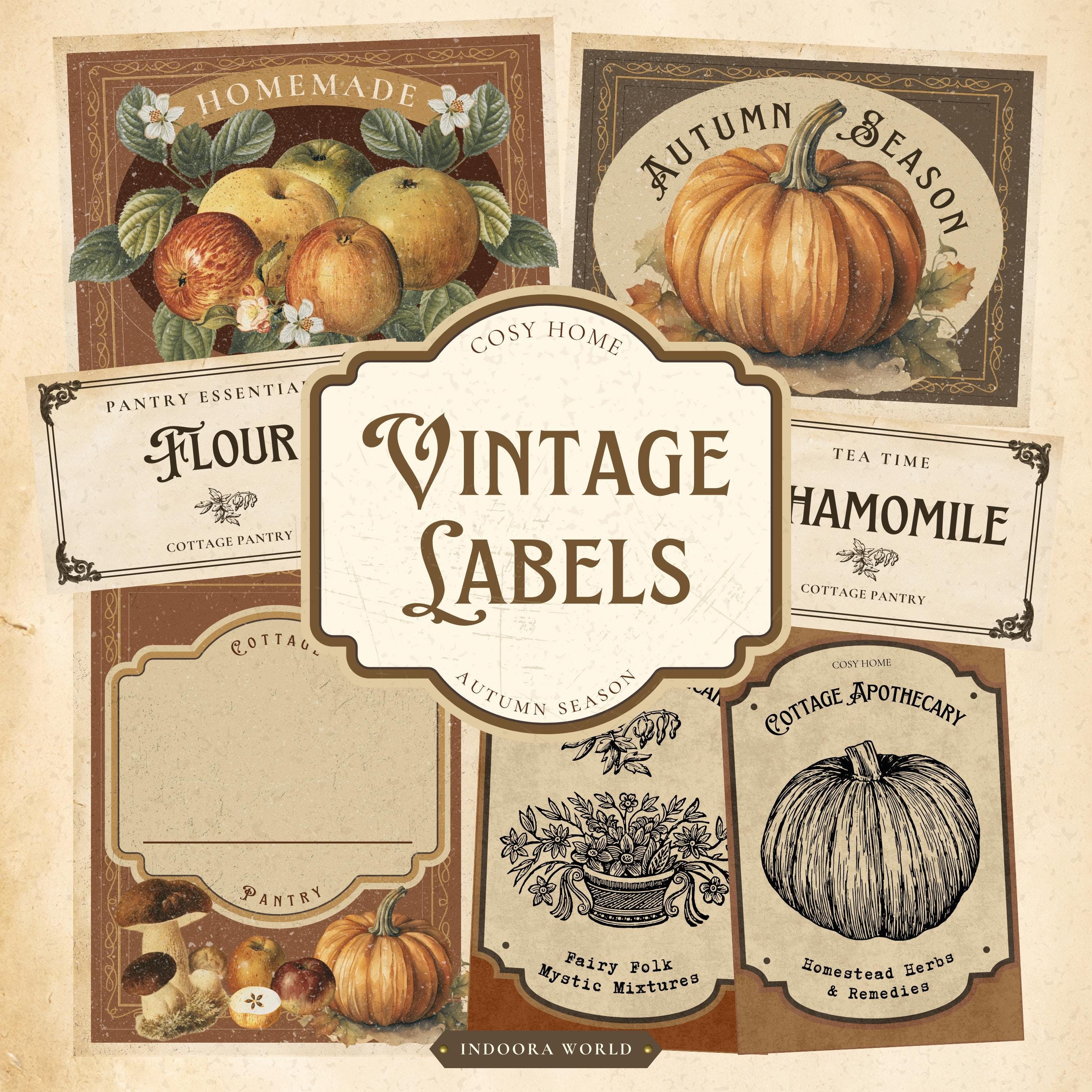 Autumn Vintage Labels | Fall Cottage Pantry: Herbs & Spices, Tea