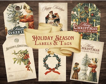 Wydrukowane etykiety Vintage Christmas, etykiety upominkowe Cottagecore, etykiety na okres świąteczny | CYFROWE