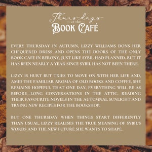 Puede incluir: Una imagen de texto con un fondo marr&oacute;n y texto blanco. El texto dice "Thursdays at the BOOK CAFE" y describe una cafeter&iacute;a de libros en un pueblo peque&ntilde;o. El texto describe a la due&ntilde;a de la cafeter&iacute;a, Lizzy, y su rutina diaria.