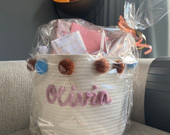 Cotton rope basket with cheerful pompoms with name