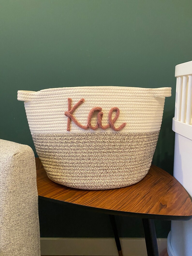 Cotton rope basket white/brown with name Large image 3