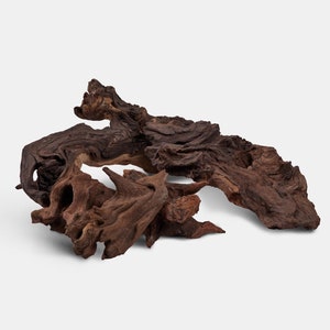 May include: A piece of driftwood with a natural brown colour and a unique, intricate shape. The wood has a rough texture and several holes and crevices. It is perfect for adding a natural touch to home decor or an aquarium.
