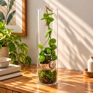 May include: A tall, clear cylindrical glass vase containing a green vining plant with round leaves. The plant is rooted in a large, textured spiral seashell filled with moss, which rests on a bed of green moss at the base of the glass container.