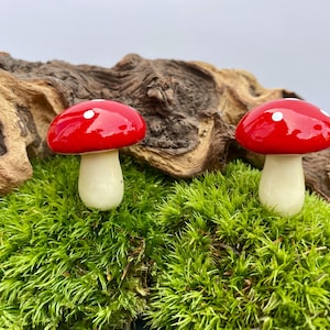 May include: Two red and white ceramic mushrooms with white spots on the top. The mushrooms are sitting on a bed of green moss.