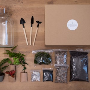 Peut inclure: Kit de terrarium avec un bocal en verre transparent, une bo&icirc;te portant l'inscription "underglass terrariums" et divers composants, dont de la terre, des pierres, de la mousse et des plantes dans des sacs en papier brun.