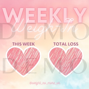 Op de afbeelding: Een roze en witte afbeelding met de tekst "WEEKLY Weight In DEMO" en twee roze harten met een gekrabbeld patroon. De tekst "THIS WEEK" staat boven het linker hart en de tekst "TOTAL LOSS" staat boven het rechter hart. De tekst "@weight_no_more_uk" staat onderaan de afbeelding.
