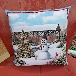 Winter Snow Scene Pillow: Christmas Tree & Snowman