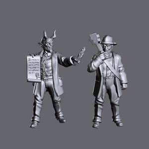 May include: Two miniature figurines, one a devil with horns and a scroll, the other a man with a hat and a guitar. Both are dressed in suits and have a serious expression.
