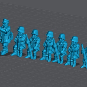 May include: A group of eight blue plastic toy soldiers, one holding a machine gun and the rest holding rifles. The soldiers are all wearing helmets and are in a kneeling position.