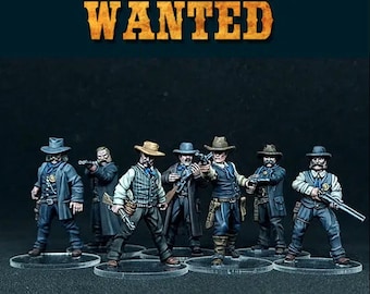 May include: A group of six painted miniature figures of cowboys wearing hats and holding guns. The figures are standing on clear plastic bases. The background is black with the text "JOIN OR DIE WANTED" in yellow.
