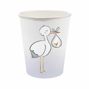 Vasos de papel de cigüeña (juego de 8) - Decoración de baby shower - Ideas de baby shower - Artículos para beber de baby shower - Revelación de género - Baby Shower de cigüeña