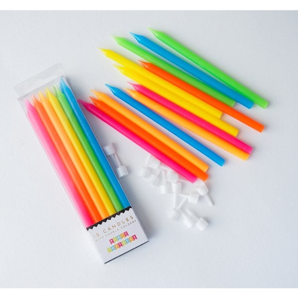 Neon Rainbow Birthday Candles (Set of 12) - Birthday Cake Candles - Cake Decorations - Party Candles - Neon Candles - Rainbow Candles