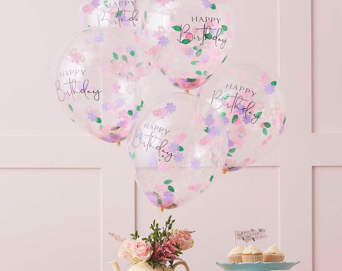 Happy Birthday Floral Confetti Balloons (Set of 5) - Floral Themed Birthday - Sweet 16 Birthday Decorations - Confetti Filled Balloons
