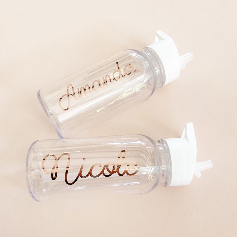 Personalised Rose Gold Fancy Adult Water Bottle Flip Straw Name