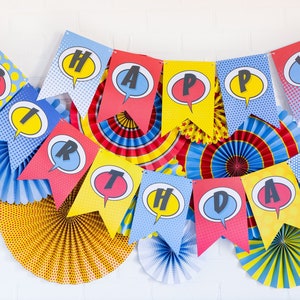Comic Pop &quot;Happy Birthday&quot; Word Banner - Superhero Birthday Party - Comic Birthday Party Décor