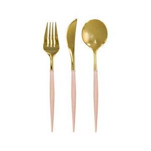 Talheres de plástico Blush & Gold (24 peças) - Artigos para festa rosa - Talheres para festa dourados - Talheres descartáveis - Decoração para chá de panela