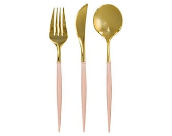 Cubiertos de plástico rosa y dorado (24 piezas) - Artículos para fiestas rosas - Cubiertos dorados - Cubiertos desechables - Decoración para despedidas de soltera