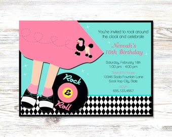May include: A pink and blue 10th birthday party invitation with a cartoon girl in a pink dress and black shoes, a poodle, and a record that says "Rock & Roll". The invitation includes the text "You're invited to rock around the clock and celebrate Neveah's 10th Birthday".